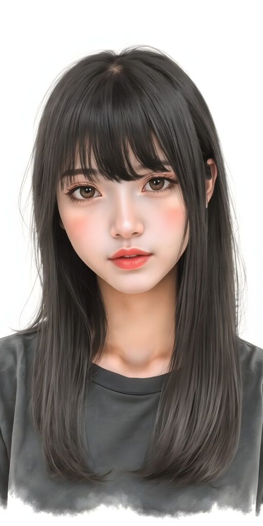 (((a beautifully hand drawing, realistic alcohol ink))) (((full body photo))), capturing a young ((Asian teen girl)) with an realistic looking (((black thick, straight soft hair))), (realistic looking eyes) that convey a sense of warmth and vitality, dressed in a soft, ((black t-shirt)), that complements her natural-toned figure, embodying a youthful, innocent yet (mature) beauty that exudes confidence and allure. (grey backdrop)