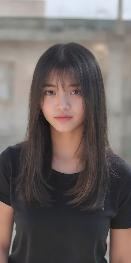 (((a beautifully realistic photo))) (((full body photo))), capturing a young ((Asian teen girl)) with an realistic looking (((black thick, straight soft hair))), (realistic looking eyes) that convey a sense of warmth and vitality, dressed in a soft, ((black t-shirt)), that complements her natural-toned figure, embodying a youthful, innocent yet (mature) beauty that exudes confidence and allure. ((sunny background))