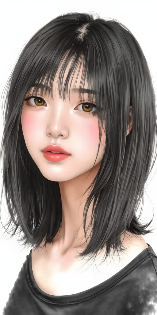 (((a beautifully hand drawing, realistic alcohol ink))) (((full body photo))), capturing a young ((Asian teen girl)) with an realistic looking (((black thick, straight soft hair))), (realistic looking eyes) that convey a sense of warmth and vitality, dressed in a soft, ((black t-shirt)), that complements her natural-toned figure, embodying a youthful, innocent yet (mature) beauty that exudes confidence and allure. (grey backdrop)