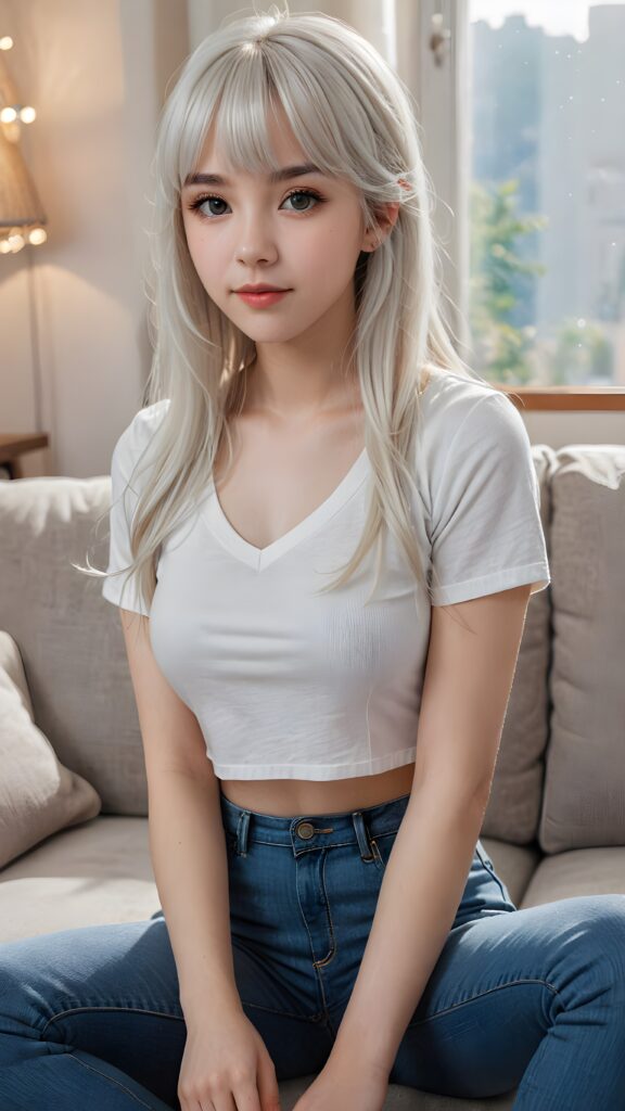 a (((beautifully detailed and realistic cute adult girl))), with pale skin and (((long, straight white hair))) ((with bangs)), dressed in a (((low cut, short white crop t-shirt))), and (((short, jeans pants))), sitting on a comfortable couch in a softly dimly lit living room, surrounded by a (mysterious, shimmering, sparkling, realistic, intricate, cute) atmosphere, ((teen girl)), 15 years old, bangs haircut, realistic detailed angelic face, perfect curved body, ((realistic detailed))