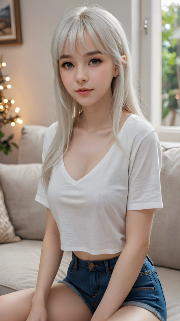 a (((beautifully detailed and realistic cute adult girl))), with pale skin and (((long, straight white hair))) ((with bangs)), dressed in a (((low cut, short white crop t-shirt))), and (((short, jeans pants))), sitting on a comfortable couch in a softly dimly lit living room, surrounded by a (mysterious, shimmering, sparkling, realistic, intricate, cute) atmosphere, ((teen girl)), 15 years old, bangs haircut, realistic detailed angelic face, perfect curved body, ((realistic detailed))