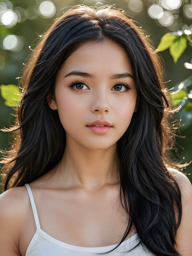 a (((beautifully drawn portrait))), featuring a young teen girl with long, flowing (((layered face framing black hair))), her skin is flawlessly smooth, with porcelain complexion and delicate features, including a small nose and rosy cheeks. Her eyes sparkle with an air of intrigue, reflecting a hint of light that adds a playful dimension to her expression. Overall, she conveys a sense of seduction and sensuality, with full, kissable lips and a subtly opened mouth, she is wearing a thin crop top that support her perfect body