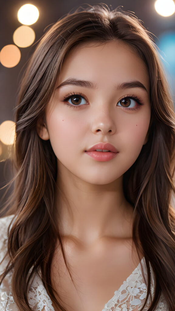 a (((beautifully drawn advanced concept portrait))) of a young teen girl with long, straight brown hair that cascades down to frame her face, capturing a sense of seduction as she looks at the viewer with big, shiny eyes and a slightly opened mouth, revealing full, pink lips against silvery skin that radiates an otherworldly glow, from the side, highlighting her upper body as the backdrop