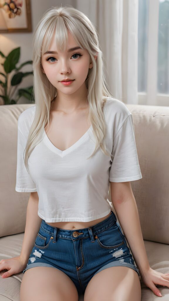 a (((beautifully detailed and realistic cute adult girl))), with pale skin and (((long, straight white hair))) ((with bangs)), dressed in a (((low cut, short white crop t-shirt))), and (((short, jeans pants))), sitting on a comfortable couch in a softly dimly lit living room, surrounded by a (mysterious, shimmering, sparkling, realistic, intricate, cute) atmosphere, ((teen girl)), 15 years old, bangs haircut, realistic detailed angelic face, perfect curved body, ((realistic detailed))