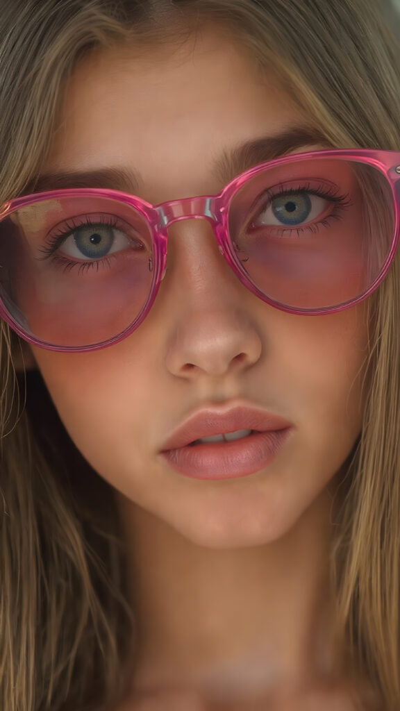 a (((beautifully drawn close-up portrait))), featuring a (((woman with a fair complexion))) and (((long, straight hair))) that captures the essence of an (((Ultra High Definition, 8K image))), blending in intricate details such as (((freckles))), (((vividly colored lips))), and (((extra tall, fluffy eyelashes))), with a (((psychedelic-inspired makeup look))) that complements her (((perfectly drawn face))) and (((brightly colored, eyepopping sunglasses))) that give off a (((fun, dreamy glow))) A (((lively and playful expression))) that exudes joy and creativity, perfectly framed by her (((ethereal, glowing skin))), and (((big, iridescent eyes))), that draw you in for an intimate close-up shot (((Full body view))) with a (((warm, sunset-tinged color palette))), and (((highly detailed, hyper realistic skin))), that suggests a (((dreamlike, fantasy world))) where creativity and imagination reign supreme.