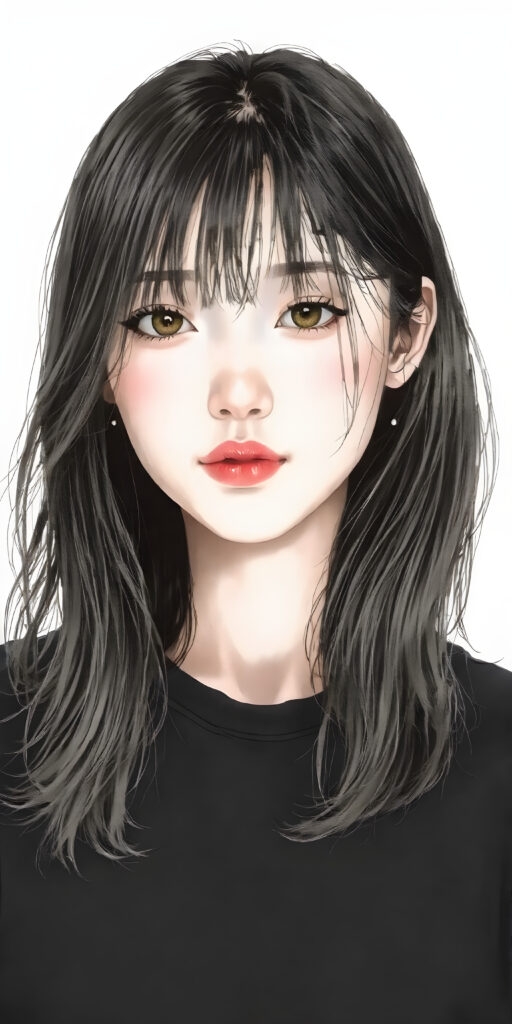 (((a beautifully hand drawing, realistic alcohol ink))) (((full body photo))), capturing a young ((Asian teen girl)) with an realistic looking (((black thick, straight soft hair))), (realistic looking eyes) that convey a sense of warmth and vitality, dressed in a soft, ((black t-shirt)), that complements her natural-toned figure, embodying a youthful, innocent yet (mature) beauty that exudes confidence and allure. (grey backdrop)