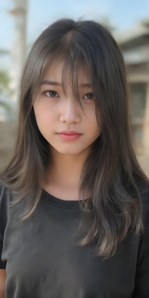 (((a beautifully realistic photo))) (((full body photo))), capturing a young ((Asian teen girl)) with an realistic looking (((black thick, straight soft hair))), (realistic looking eyes) that convey a sense of warmth and vitality, dressed in a soft, ((black t-shirt)), that complements her natural-toned figure, embodying a youthful, innocent yet (mature) beauty that exudes confidence and allure. ((sunny background))