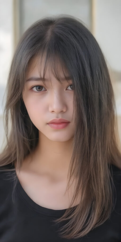 (((a beautifully realistic photo))) (((full body photo))), capturing a young ((Asian teen girl)) with an realistic looking (((black thick, straight soft hair))), (realistic looking eyes) that convey a sense of warmth and vitality, dressed in a soft, ((black t-shirt)), that complements her natural-toned figure, embodying a youthful, innocent yet (mature) beauty that exudes confidence and allure. ((sunny background))