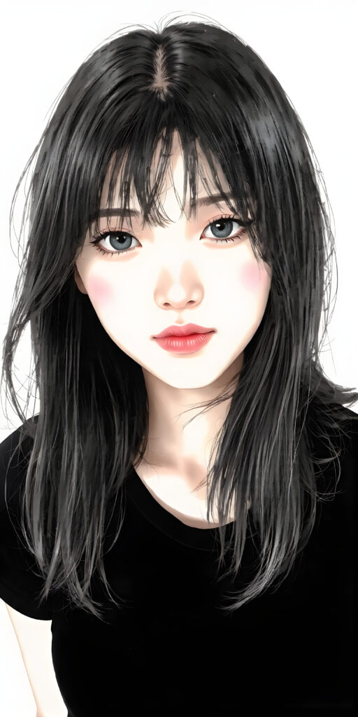 (((a beautifully hand drawing, realistic alcohol ink))) (((full body photo))), capturing a young ((Asian teen girl)) with an realistic looking (((black thick, straight soft hair))), (realistic looking eyes) that convey a sense of warmth and vitality, dressed in a soft, ((black t-shirt)), that complements her natural-toned figure, embodying a youthful, innocent yet (mature) beauty that exudes confidence and allure. (grey backdrop)