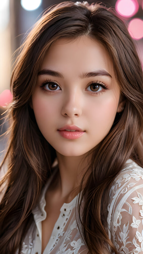 a (((beautifully drawn advanced concept portrait))) of a young teen girl with long, straight brown hair that cascades down to frame her face, capturing a sense of seduction as she looks at the viewer with big, shiny eyes and a slightly opened mouth, revealing full, pink lips against silvery skin that radiates an otherworldly glow, from the side, highlighting her upper body as the backdrop