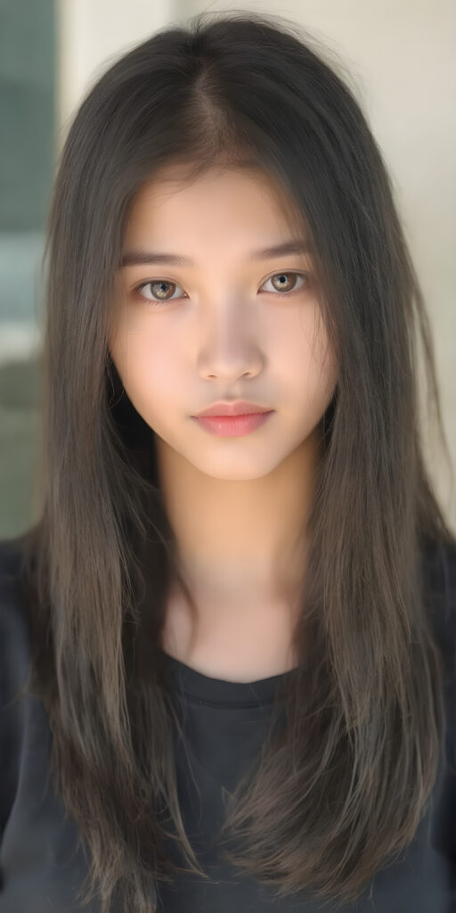 (((a beautifully realistic photo))) (((full body photo))), capturing a young ((Asian teen girl)) with an realistic looking (((black thick, straight soft hair))), (realistic looking eyes) that convey a sense of warmth and vitality, dressed in a soft, ((black t-shirt)), that complements her natural-toned figure, embodying a youthful, innocent yet (mature) beauty that exudes confidence and allure. ((sunny background))