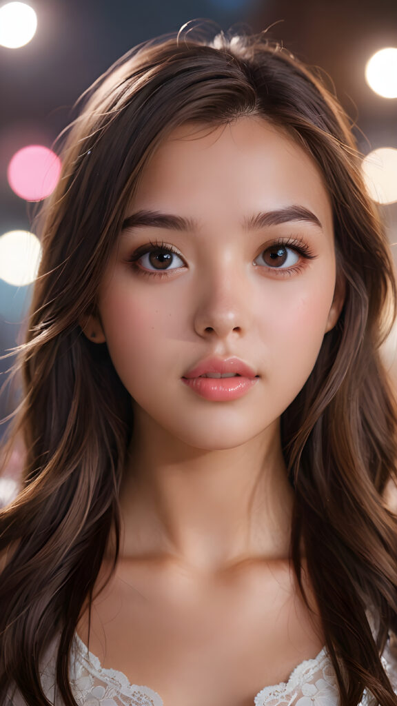 a (((beautifully drawn advanced concept portrait))) of a young teen girl with long, straight brown hair that cascades down to frame her face, capturing a sense of seduction as she looks at the viewer with big, shiny eyes and a slightly opened mouth, revealing full, pink lips against silvery skin that radiates an otherworldly glow, from the side, highlighting her upper body as the backdrop