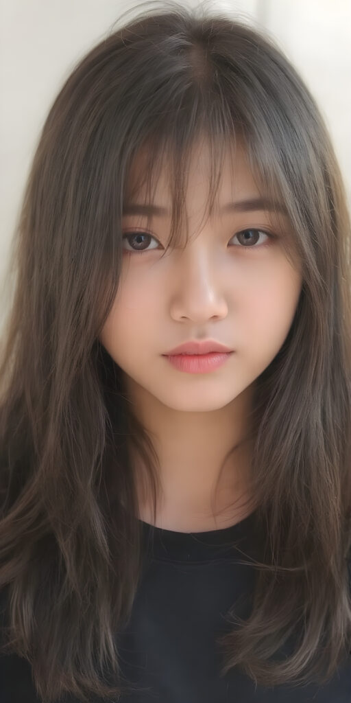 (((a beautifully realistic photo))) (((full body photo))), capturing a young ((Asian teen girl)) with an realistic looking (((black thick, straight soft hair))), (realistic looking eyes) that convey a sense of warmth and vitality, dressed in a soft, ((black t-shirt)), that complements her natural-toned figure, embodying a youthful, innocent yet (mature) beauty that exudes confidence and allure. ((sunny background))