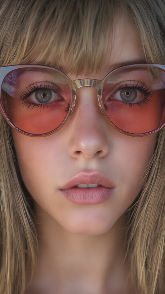 a (((beautifully drawn close-up portrait))), featuring a (((woman with a fair complexion))) and (((long, straight hair))) that captures the essence of an (((Ultra High Definition, 8K image))), blending in intricate details such as (((freckles))), (((vividly colored lips))), and (((extra tall, fluffy eyelashes))), with a (((psychedelic-inspired makeup look))) that complements her (((perfectly drawn face))) and (((brightly colored, eyepopping sunglasses))) that give off a (((fun, dreamy glow))) A (((lively and playful expression))) that exudes joy and creativity, perfectly framed by her (((ethereal, glowing skin))), and (((big, iridescent eyes))), that draw you in for an intimate close-up shot (((Full body view))) with a (((warm, sunset-tinged color palette))), and (((highly detailed, hyper realistic skin))), that suggests a (((dreamlike, fantasy world))) where creativity and imagination reign supreme.