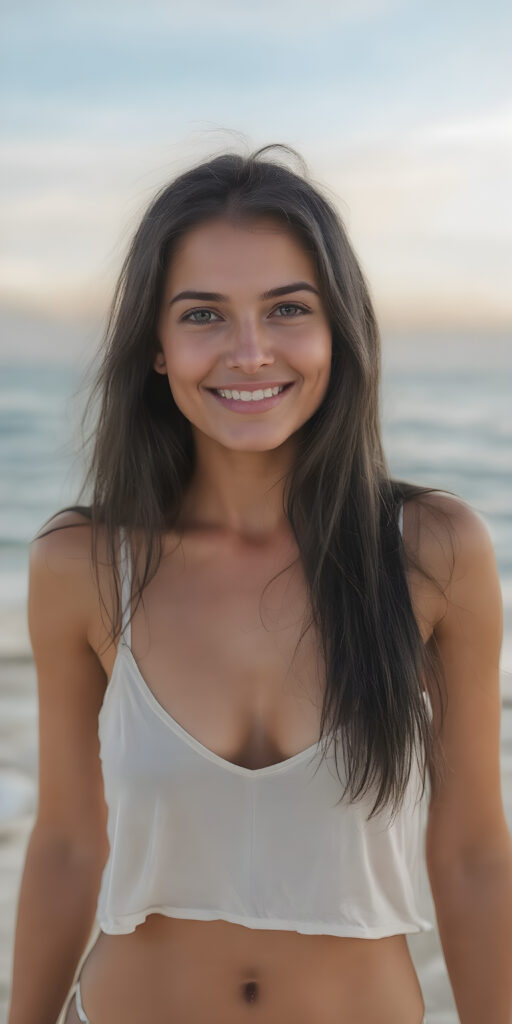 a beautifully (((full body image))), enchanting exotic girl, with tanned skin, long shiny black hair stands on a lonely beach and smiles into the camera, she wears a white tattered thin tank top made of fine silk, her upper body is in the center