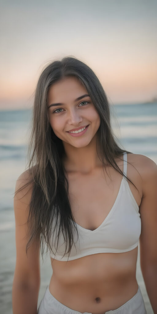 a beautifully (((full body image))), cute young adult girl, with tanned skin, long black straight soft wet hair, on a lonely beach and smiles into the camera, her upper body is in the center, she has a gorgeous body, thin tank top, deep v-neck