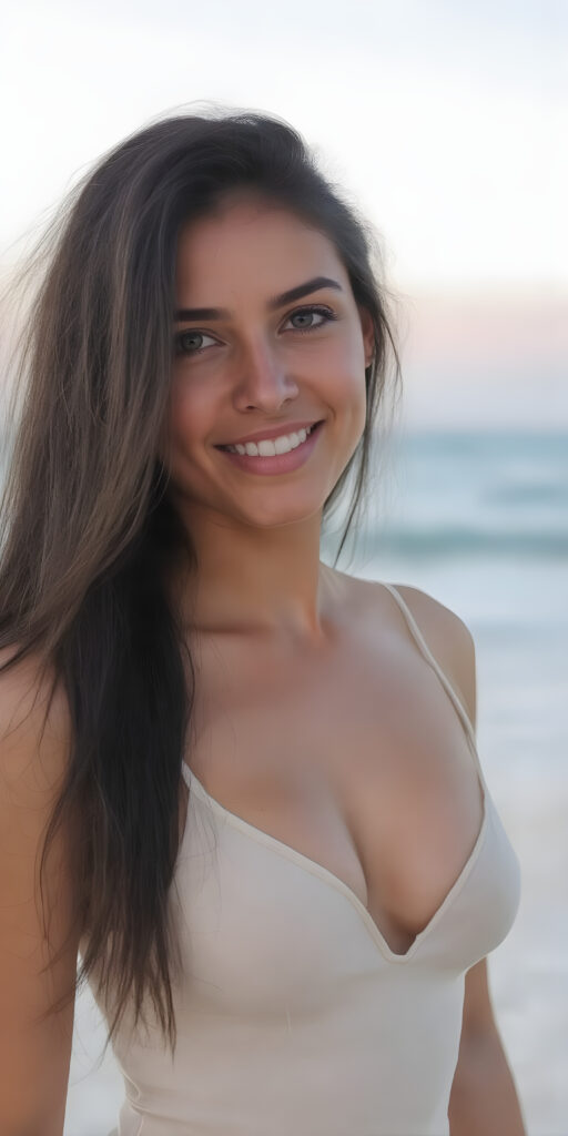 a beautifully (((full body image))), enchanting well busty exotic girl, with tanned skin, long black straight soft hair, on a lonely beach and smiles into the camera, her upper body is in the center, she has a gorgeous body, thin spaghetti tank top, deep v-neck