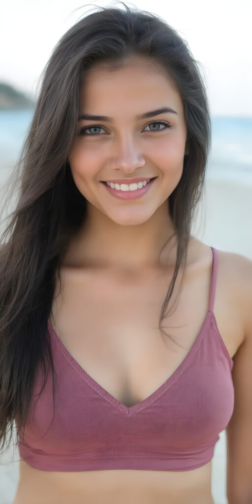 a beautifully (((full body image))), cute young adult girl, with tanned skin, long black straight soft wet hair, on a lonely beach and smiles into the camera, her upper body is in the center, she has a gorgeous body, thin tank top, deep v-neck