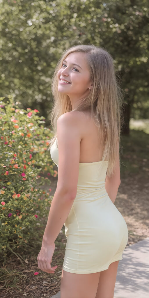 a beautifully (((full body image))) of a (((young teen girl))), with an athletic and lean figure, standing confidently in a (sunny park), surrounded by lush greenery and colorful flowers. Her blonde hair cascades down her back in long, straight locks. She wears a very light, tight, short dress in a summer color that flatters her youthful skin. The dress, which is made of a soft, semi-transparant fabric, has a low cut, and the skirt is short and tight. She smiles confidently as she looks up at the sky, side view