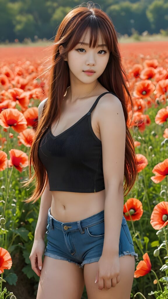 a beautifully drawn (((full body photo))), capturing a young ((teen girl)) with an realistic looking (((black thick, straight soft hair))), (realistic looking eyes) that convey a sense of warmth and vitality, dressed in a soft, ((black t-shirt)), ((short jeans pants)) that complements her natural-toned figure, embodying a youthful, innocent yet (mature) beauty that exudes confidence and allure. ((she stands in a sunny poppy field))