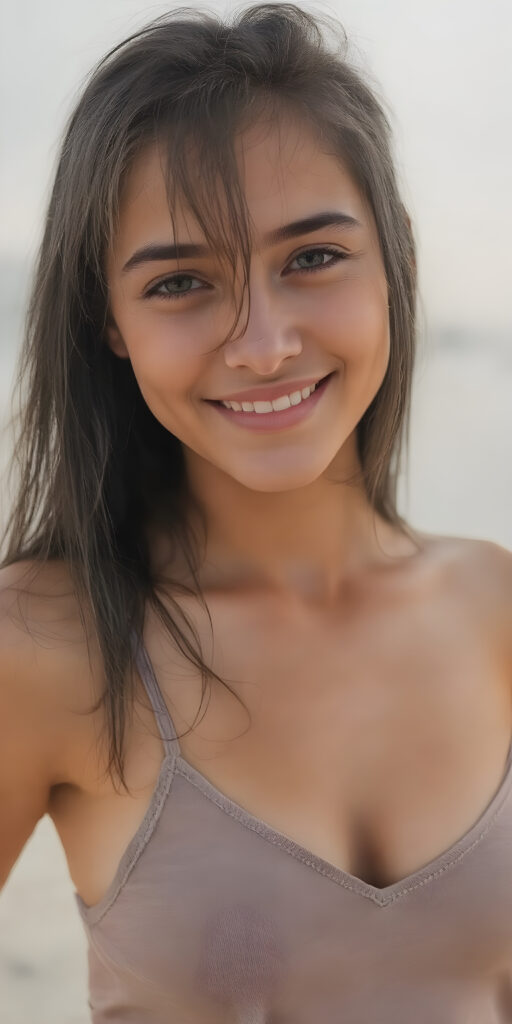 a beautifully (((full body image))), cute young adult girl, with tanned skin, long black straight soft wet hair, on a lonely beach and smiles into the camera, her upper body is in the center, she has a gorgeous body, thin tank top, deep v-neck