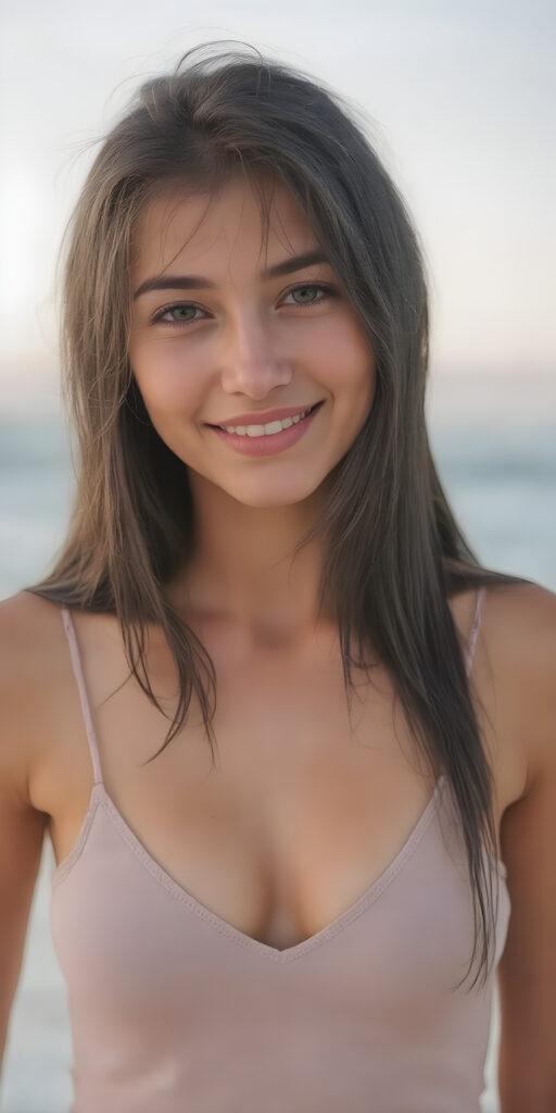 a beautifully (((full body image))), cute young adult girl, with tanned skin, long black straight soft wet hair, on a lonely beach and smiles into the camera, her upper body is in the center, she has a gorgeous body, thin tank top, deep v-neck