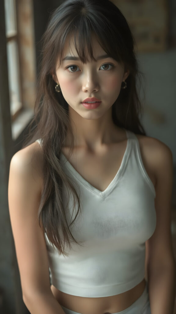 a beautifully captured (((super realistic full body photo))), featuring a (((young Asian teen girl))) with hyper-realistic detailed skin textures and glossy lipstick-adorned lips, dressed in a (short tight white cropped tank top with a low v-neck, round short mini skirt) that perfectly complements her toned physique. Her striking ((bangs)) are artfully cut to frame her face perfectly, captured in a (professional studio photo shoot)