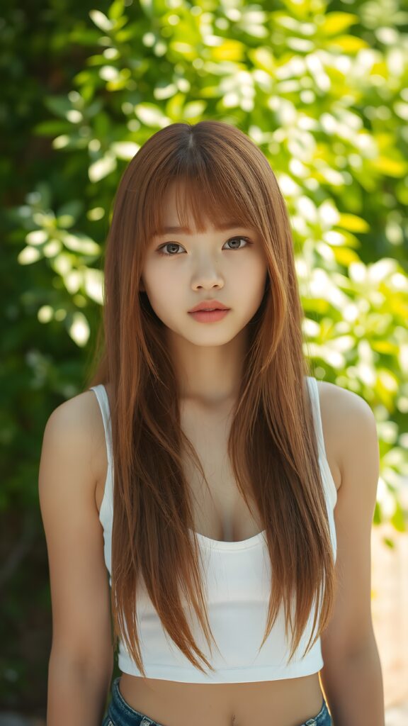 a beautifully captured (((super realistic 1:3 portrait photo))), featuring a (((young Filipino teen girl))), dressed in a (short tight white cropped tank top with a low v-neck) that perfectly complements her toned physique. She has long, straight red hair, her striking ((bangs)) are artfully cut to frame her face perfectly, against a sunny green backdrop