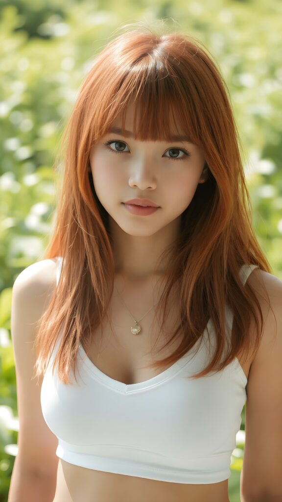 a beautifully captured (((super realistic 1:3 portrait photo))), featuring a (((young Filipino teen girl))), dressed in a (short tight white cropped tank top with a low v-neck) that perfectly complements her toned physique. She has long, straight red hair, her striking ((bangs)) are artfully cut to frame her face perfectly, against a sunny green backdrop