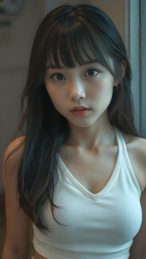 a beautifully captured (((super realistic full body photo))), featuring a (((young Japanese teen girl))) with hyper-realistic detailed skin textures and glossy lipstick-adorned lips, dressed in a (short tight white cropped tank top with a low v-neck, round short mini skirt) that perfectly complements her toned physique. Her striking ((bangs)) are artfully cut to frame her face perfectly, captured in a (professional studio photo shoot)