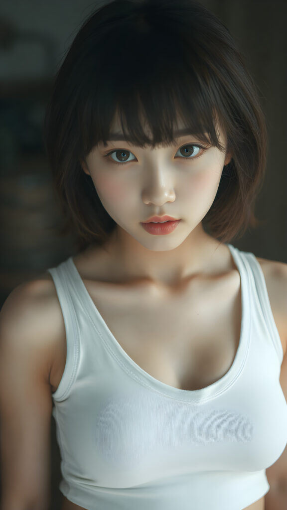 a beautifully captured (((super realistic full body photo))), featuring a (((young Japanese teen girl))) with hyper-realistic detailed skin textures and glossy lipstick-adorned lips, dressed in a (short tight white cropped tank top with a low v-neck, round short mini skirt) that perfectly complements her toned physique. Her striking ((bangs)) are artfully cut to frame her face perfectly, captured in a (professional studio photo shoot)