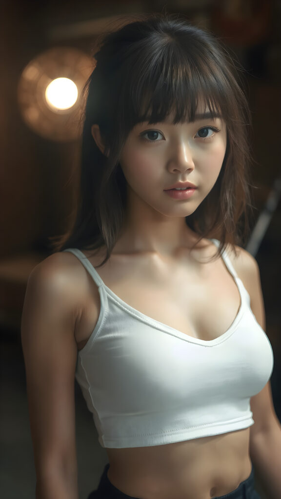 a beautifully captured (((super realistic full body photo))), featuring a (((young Asian teen girl))) with hyper-realistic detailed skin textures and glossy lipstick-adorned lips, dressed in a (short tight white cropped tank top with a low v-neck, round short mini skirt) that perfectly complements her toned physique. Her striking ((bangs)) are artfully cut to frame her face perfectly, captured in a (professional studio photo shoot)