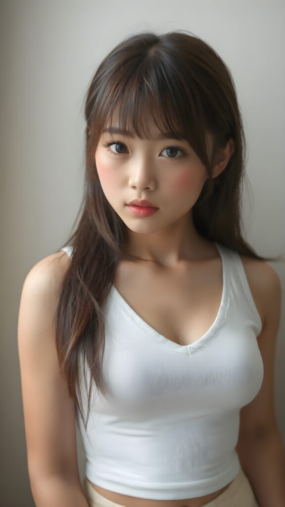 a beautifully captured (((super realistic full body photo))), featuring a (((young Japanese teen girl))) with hyper-realistic detailed skin textures and glossy lipstick-adorned lips, dressed in a (short tight white cropped tank top with a low v-neck, round short mini skirt) that perfectly complements her toned physique. Her striking ((bangs)) are artfully cut to frame her face perfectly, captured in a (professional studio photo shoot)