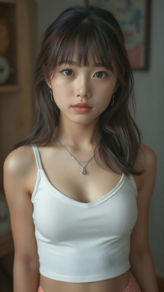 a beautifully captured (((super realistic full body photo))), featuring a (((young Asian teen girl))) with hyper-realistic detailed skin textures and glossy lipstick-adorned lips, dressed in a (short tight white cropped tank top with a low v-neck, round short mini skirt) that perfectly complements her toned physique. Her striking ((bangs)) are artfully cut to frame her face perfectly, captured in a (professional studio photo shoot)