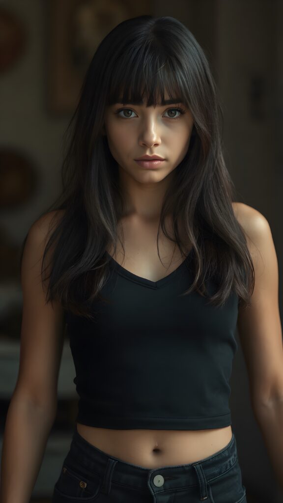 a beautifully captured (((super realistic full body photo))), featuring a (((young teen girl))) with hyper-realistic detailed skin, dressed in a (short tight black cropped tank top with a low v-neck that perfectly complements her toned physique, long soft detailed dark hair in bangs cut frame her round face