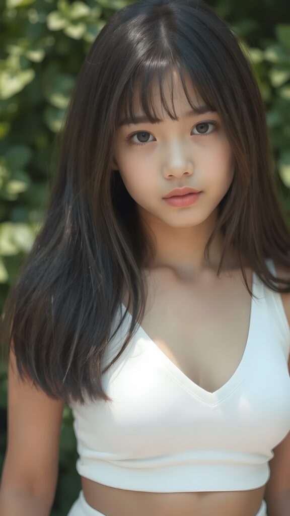 a beautifully captured (((super realistic full body photo))), featuring a (((young cute teen girl, soft straight jet long hair))), dressed in a (short tight white cropped tank top with a low v-neck, round short mini skirt) that perfectly complements her toned physique. Her striking ((bangs)) are artfully cut to frame her face perfectly, against a sunny green backdrop