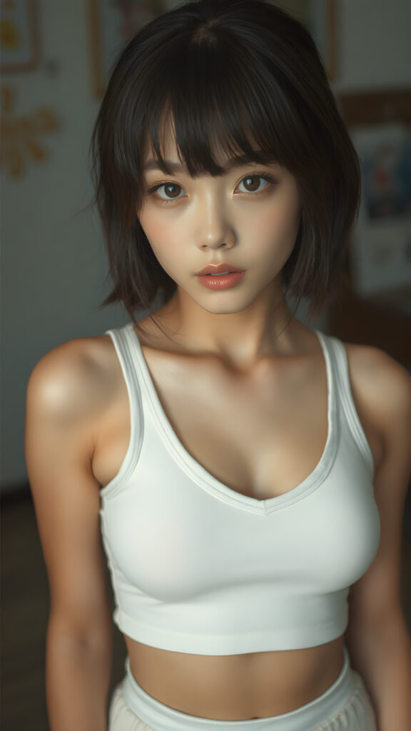 a beautifully captured (((super realistic full body photo))), featuring a (((young Japanese teen girl))) with hyper-realistic detailed skin textures and glossy lipstick-adorned lips, dressed in a (short tight white cropped tank top with a low v-neck, round short mini skirt) that perfectly complements her toned physique. Her striking ((bangs)) are artfully cut to frame her face perfectly, captured in a (professional studio photo shoot)