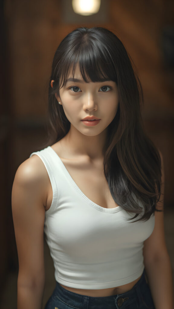 a beautifully captured (((super realistic full body photo))), featuring a (((young Asian teen girl))) with hyper-realistic detailed skin textures and glossy lipstick-adorned lips, dressed in a (short tight white cropped tank top with a low v-neck, round short mini skirt) that perfectly complements her toned physique. Her striking ((bangs)) are artfully cut to frame her face perfectly, captured in a (professional studio photo shoot)