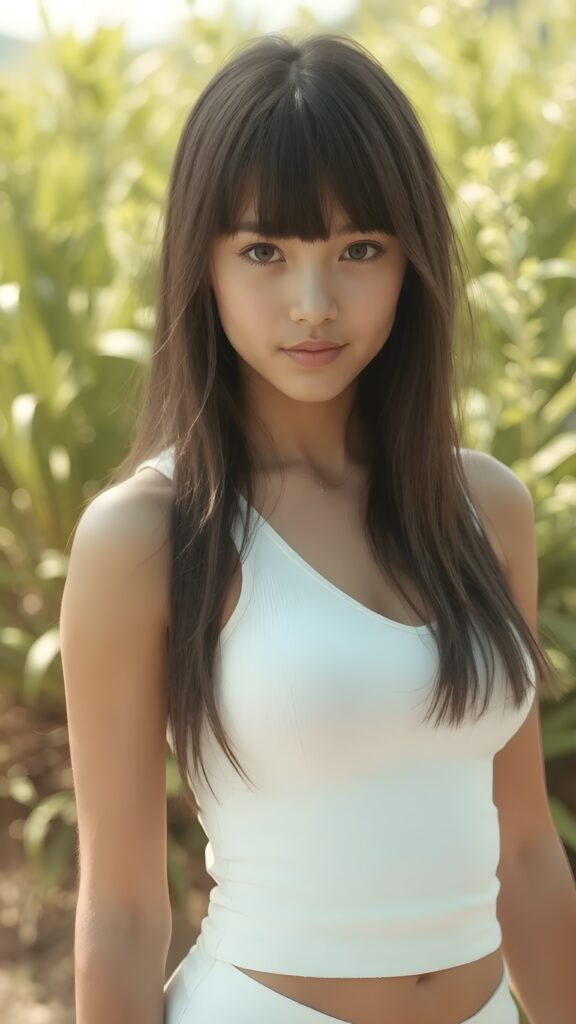 a beautifully captured (((super realistic full body photo))), featuring a (((young cute teen girl, soft straight jet long hair))), dressed in a (short tight white cropped tank top with a low v-neck, round short mini skirt) that perfectly complements her toned physique. Her striking ((bangs)) are artfully cut to frame her face perfectly, against a sunny green backdrop