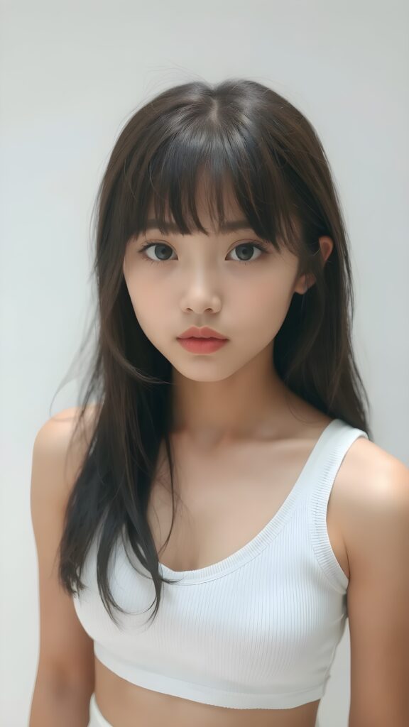 a beautifully captured (((super realistic full body photo))), featuring a (((young Japanese teen girl))) with hyper-realistic detailed skin textures and glossy lipstick-adorned lips, dressed in a (short tight white cropped tank top with a low v-neck, round short mini skirt) that perfectly complements her toned physique. Her striking ((bangs)) are artfully cut to frame her face perfectly, captured in a (professional studio photo shoot)