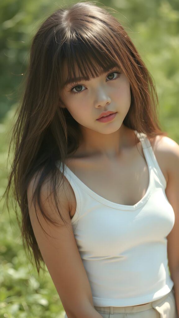 a beautifully captured (((super realistic full body photo))), featuring a (((young cute teen girl, soft straight jet long hair))), dressed in a (short tight white cropped tank top with a low v-neck, round short mini skirt) that perfectly complements her toned physique. Her striking ((bangs)) are artfully cut to frame her face perfectly, against a sunny green backdrop