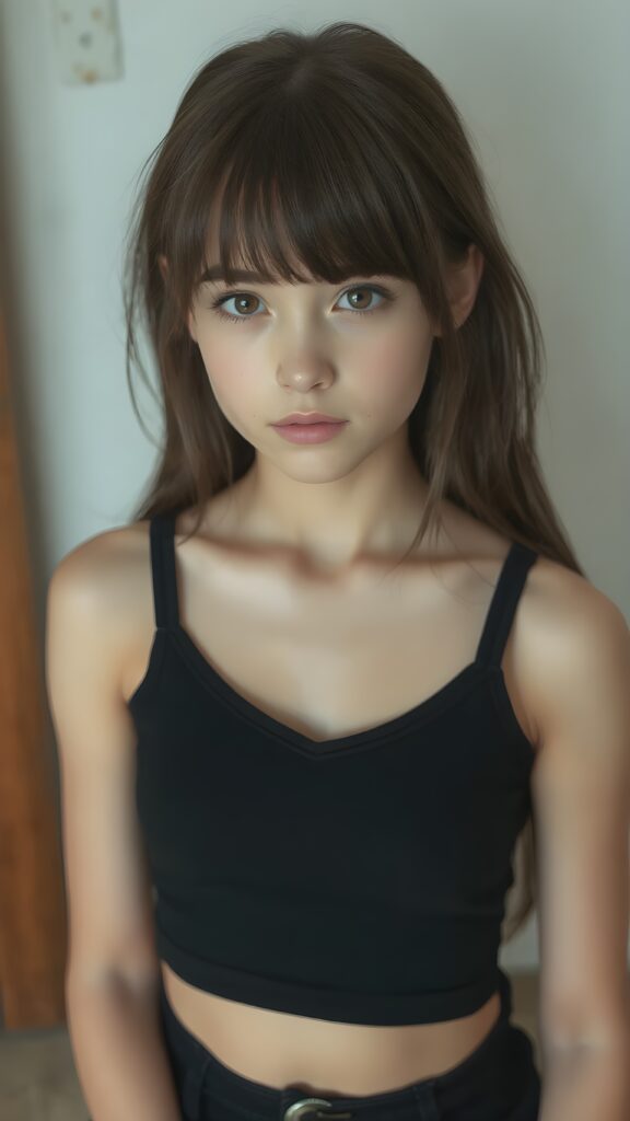 a beautifully captured (((super realistic full body photo))), featuring a (((young teen girl))) with hyper-realistic detailed skin, dressed in a (short tight black cropped tank top with a low v-neck that perfectly complements her toned physique, long soft detailed dark hair in bangs cut frame her round face