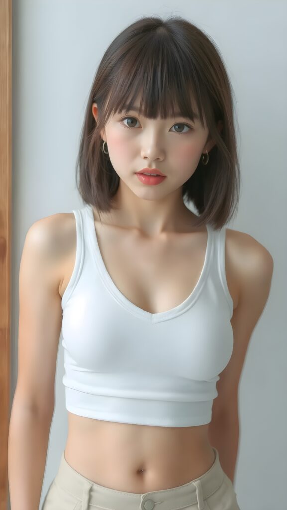 a beautifully captured (((super realistic full body photo))), featuring a (((young Japanese teen girl))) with hyper-realistic detailed skin textures and glossy lipstick-adorned lips, dressed in a (short tight white cropped tank top with a low v-neck, round short mini skirt) that perfectly complements her toned physique. Her striking ((bangs)) are artfully cut to frame her face perfectly, captured in a (professional studio photo shoot)