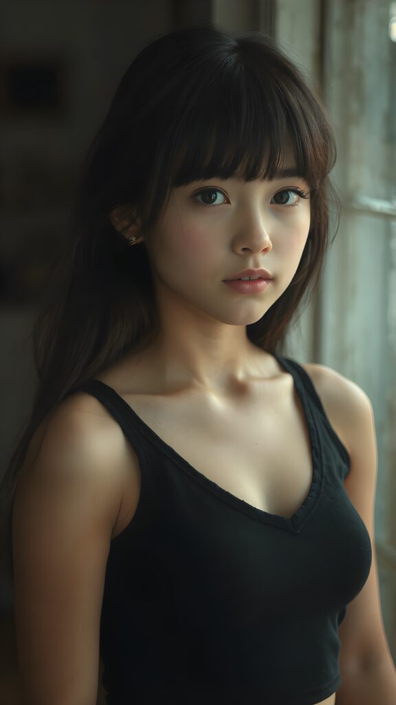 a beautifully captured (((super realistic full body photo))), featuring a (((young teen girl))) with hyper-realistic detailed skin, dressed in a (short tight black cropped tank top with a low v-neck that perfectly complements her toned physique, long soft detailed dark hair in bangs cut frame her round face