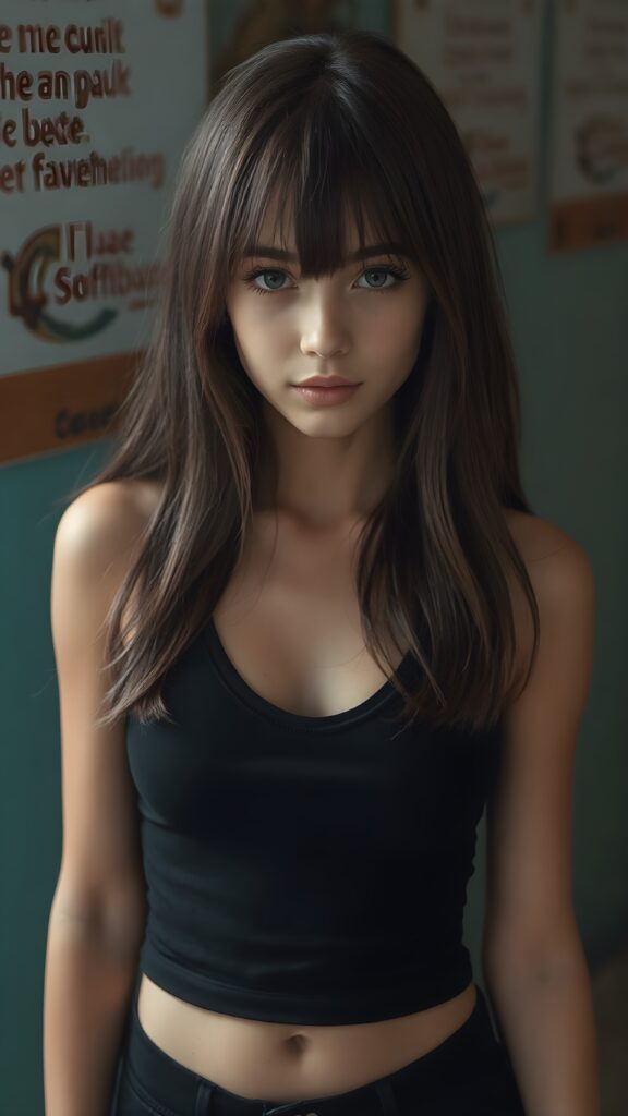 a beautifully captured (((super realistic full body photo))), featuring a (((young teen girl))) with hyper-realistic detailed skin, dressed in a (short tight black cropped tank top with a low v-neck that perfectly complements her toned physique, long soft detailed dark hair in bangs cut frame her round face