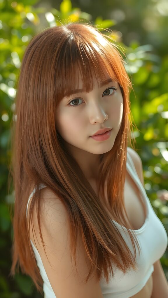 a beautifully captured (((super realistic 1:3 portrait photo))), featuring a (((young Filipino teen girl))), dressed in a (short tight white cropped tank top with a low v-neck) that perfectly complements her toned physique. She has long, straight red hair, her striking ((bangs)) are artfully cut to frame her face perfectly, against a sunny green backdrop