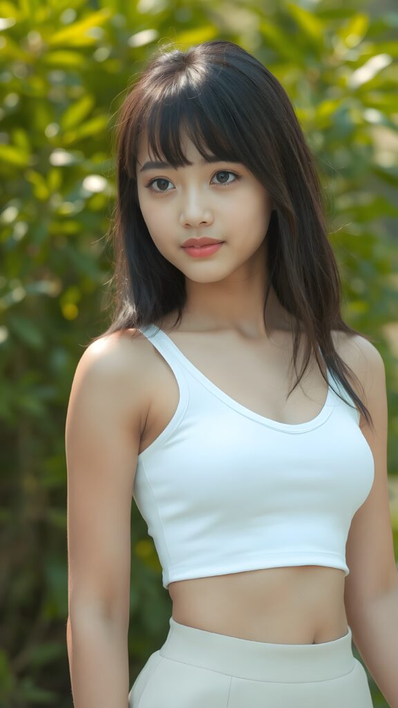 a beautifully captured (((super realistic full body photo))), featuring a (((young Indonesian teen girl))), dressed in a (short tight white cropped tank top with a low v-neck, round short mini skirt) that perfectly complements her toned physique. Her striking ((bangs)) are artfully cut to frame her face perfectly, against a sunny green backdrop