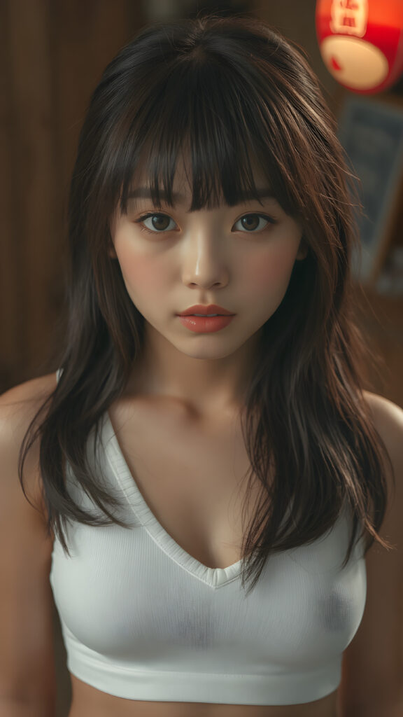 a beautifully captured (((super realistic full body photo))), featuring a (((young Japanese teen girl))) with hyper-realistic detailed skin textures and glossy lipstick-adorned lips, dressed in a (short tight white cropped tank top with a low v-neck, round short mini skirt) that perfectly complements her toned physique. Her striking ((bangs)) are artfully cut to frame her face perfectly, captured in a (professional studio photo shoot)