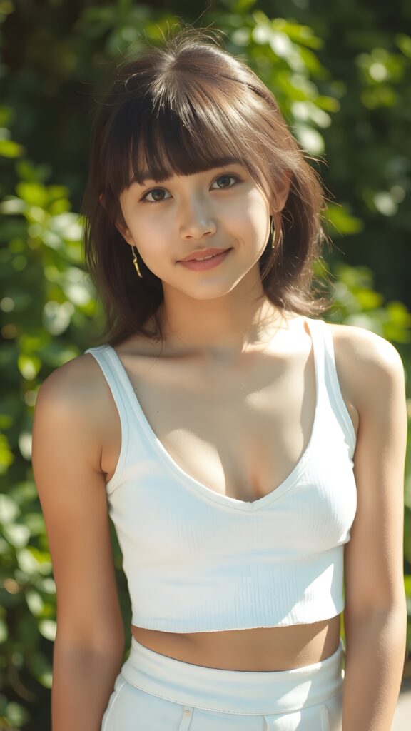 a beautifully captured (((super realistic full body photo))), featuring a (((young Indonesian teen girl))), dressed in a (short tight white cropped tank top with a low v-neck, round short mini skirt) that perfectly complements her toned physique. Her striking ((bangs)) are artfully cut to frame her face perfectly, against a sunny green backdrop