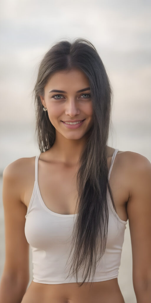 a beautifully (((full body image))), enchanting exotic girl, with tanned skin, long shiny black hair stands on a lonely beach and smiles into the camera, she wears a white tattered thin tank top made of fine silk, her upper body is in the center